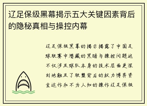 辽足保级黑幕揭示五大关键因素背后的隐秘真相与操控内幕 辽足保级黑幕揭示五大关键因素背后的隐秘真相与操控内幕